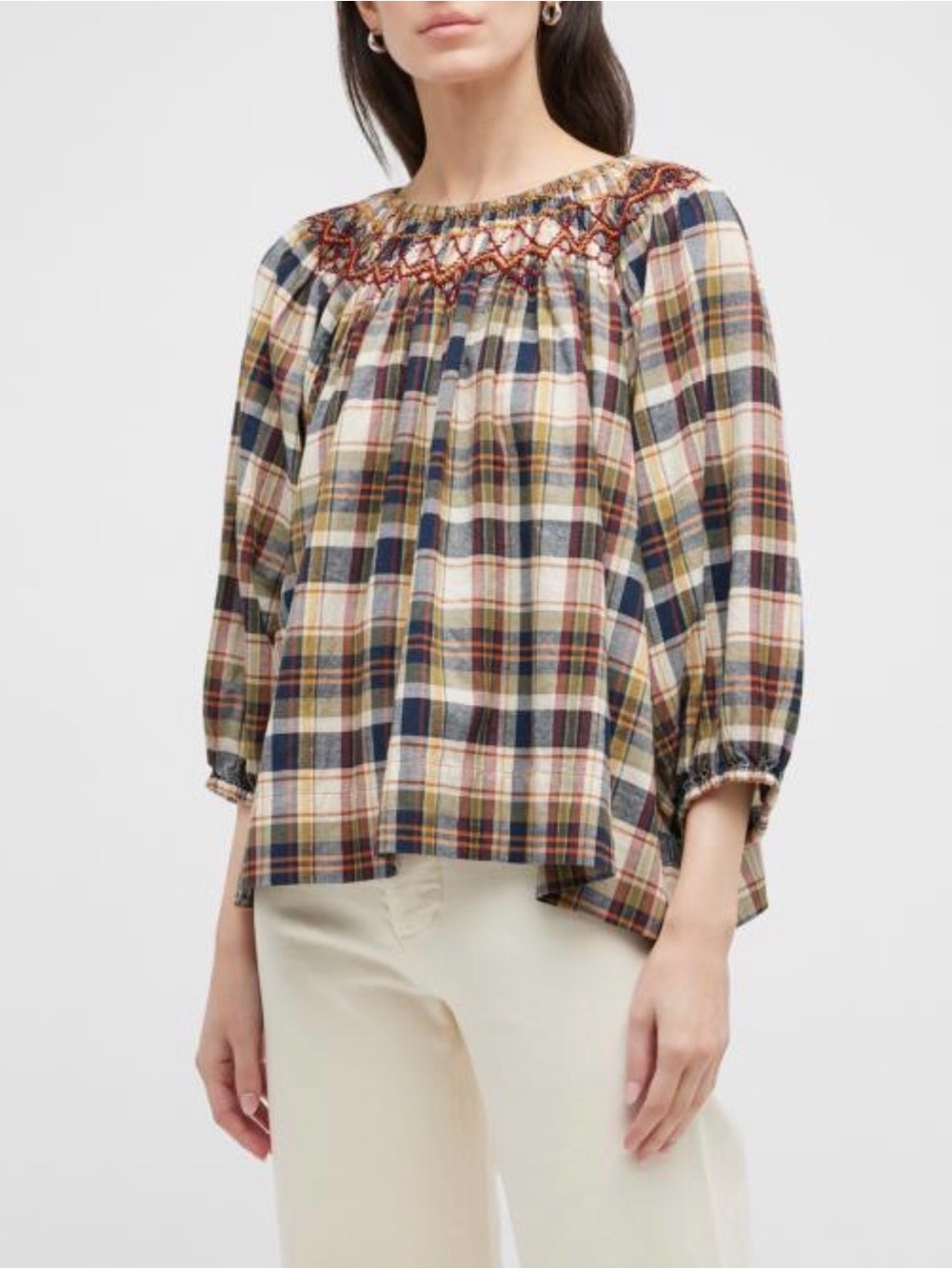 THE GREAT. The Sea Glass Top Country Plaid Embroidered Smocked Blouse